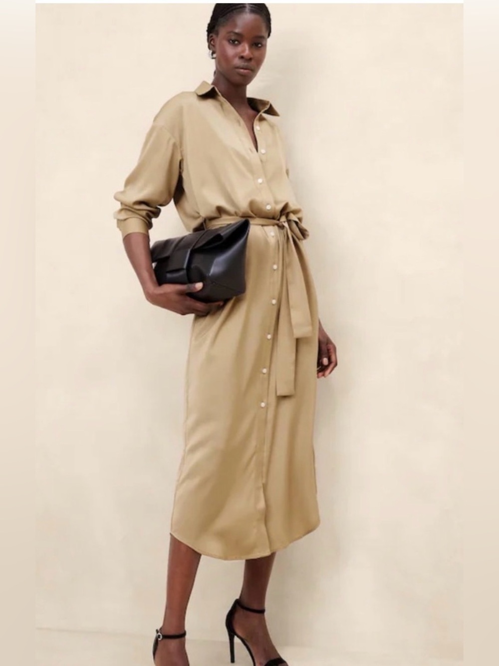 Banana Republic Tai Waist British Khaki Button-Front Maxi Shirt Dress size L